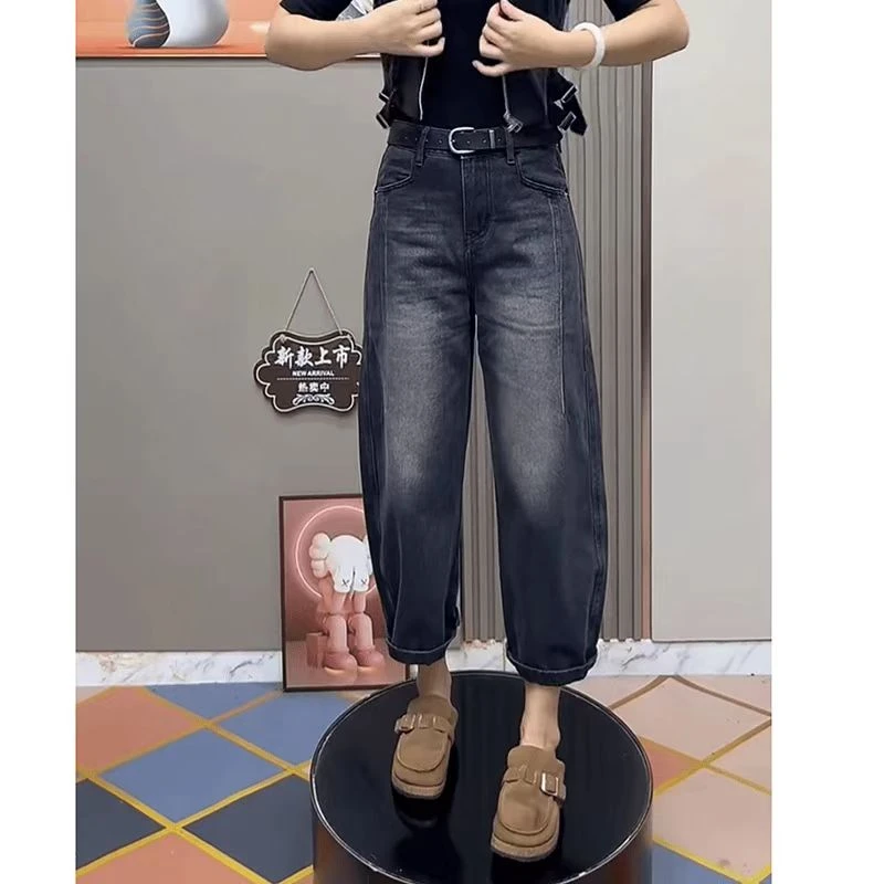 2025秋季新款胖妹妹洋气减龄宽松九分老爹裤子高腰哈伦牛仔裤女