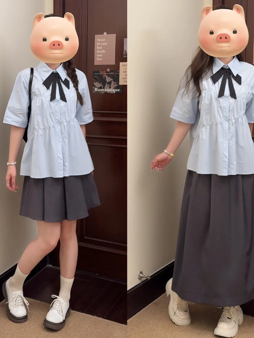 依依家大码女装夏季学院风短袖衬衫上衣搭配裙子真两件套显瘦遮肉