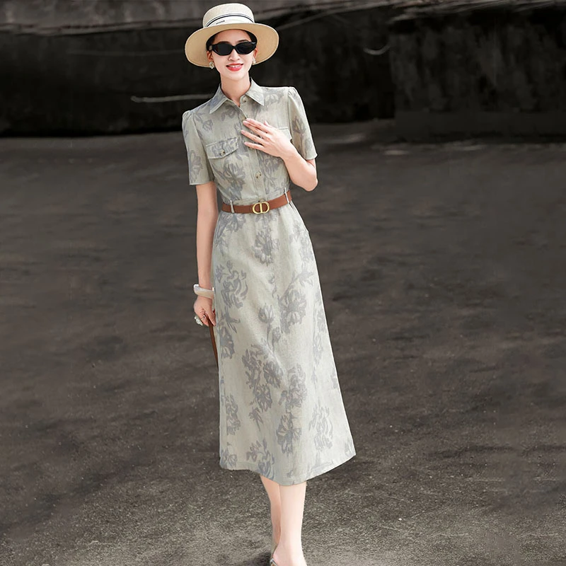 MEXCOCO/兰瑟儿夏新款气质休闲短袖收腰印花衬衫连衣裙105XL9445