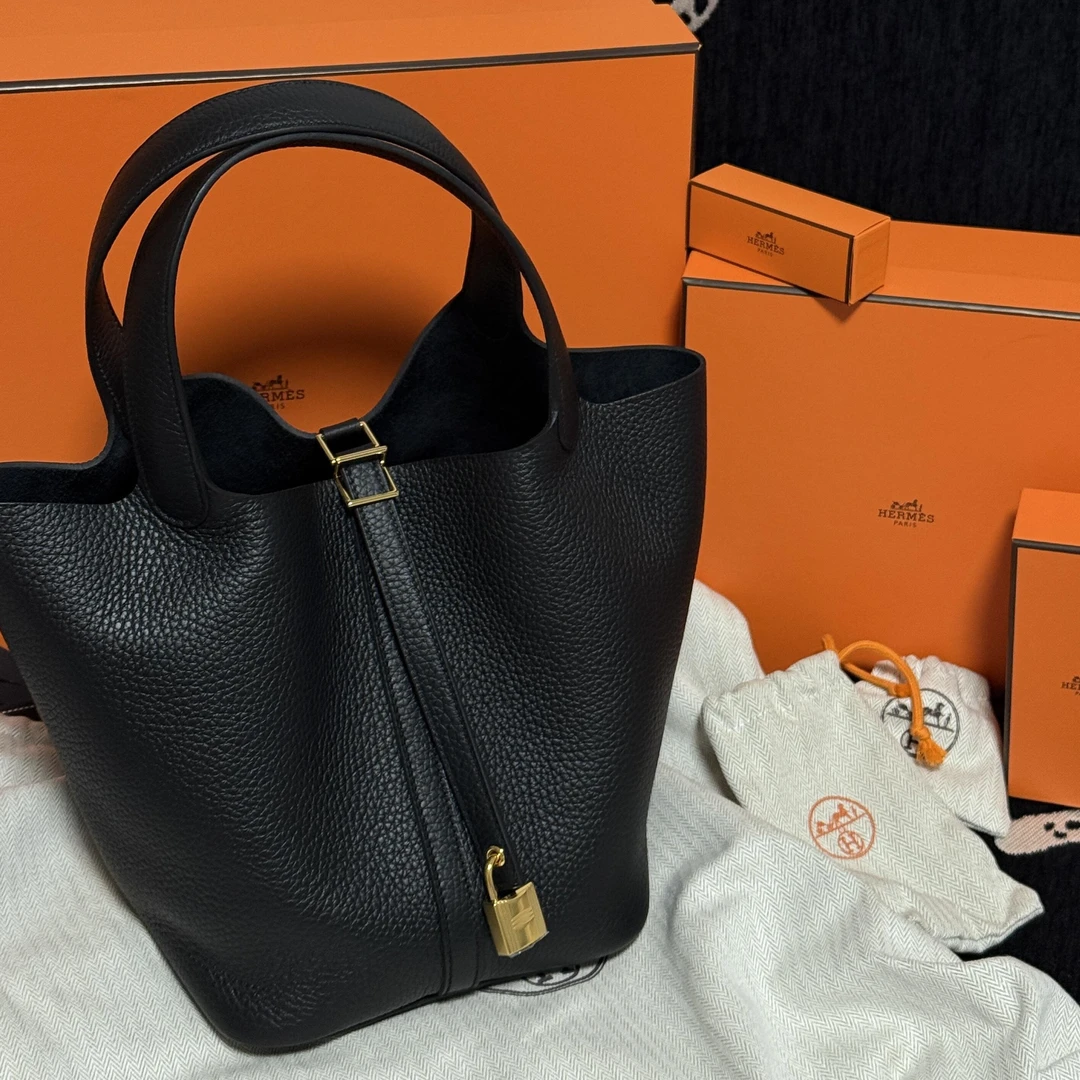 99新 Hermes/爱马仕 爱马仕菜篮子22黑金扣tc皮c单肩包8079081