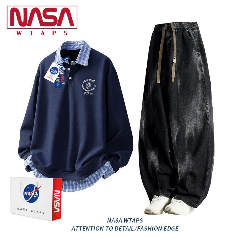 NASA WTAPS美式学院风假两件卫衣套装男款春秋季拼接POLO衫两件套