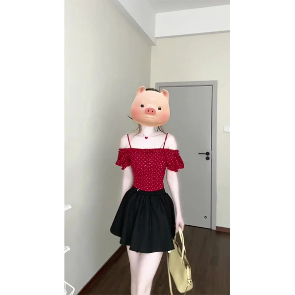 法式复古甜美红色波点上衣泡泡袖两穿一字肩露肩短袖夏短袖两件套