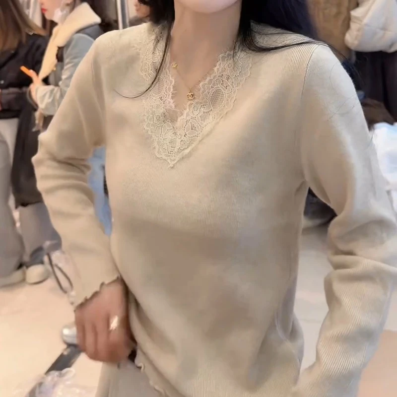 2025加厚V领拼接蕾丝毛针织衫打底衫上衣秋冬LK2507677