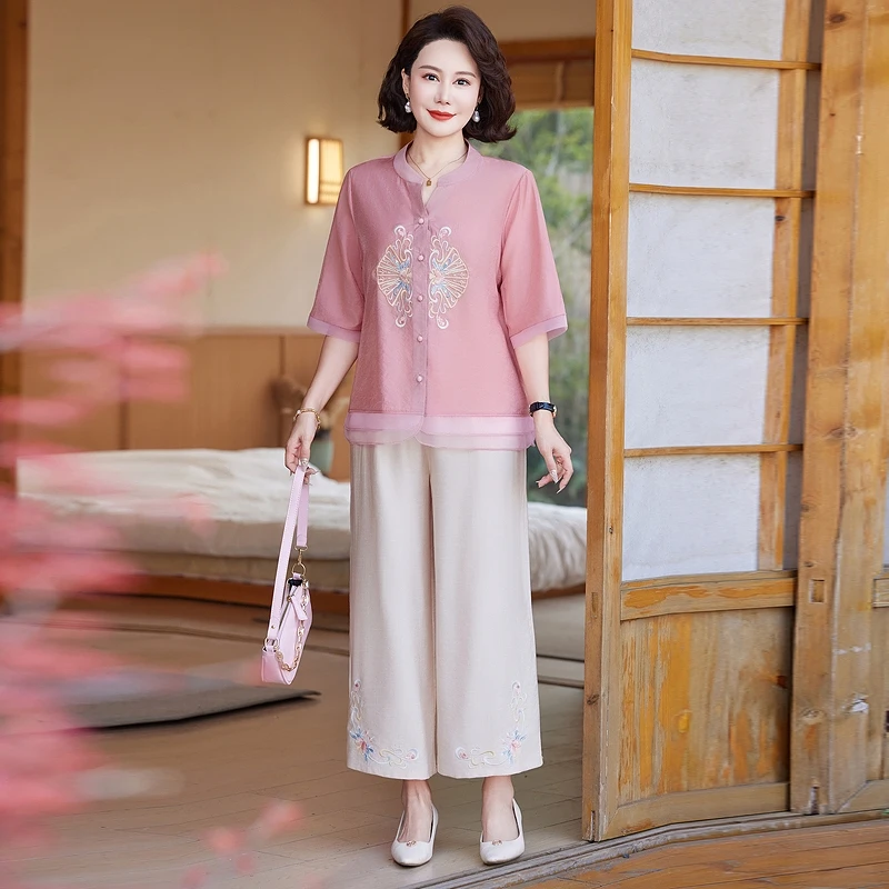 母亲节气质妈妈中式国风套装2025新款轻奢夏季复古提花两件套装