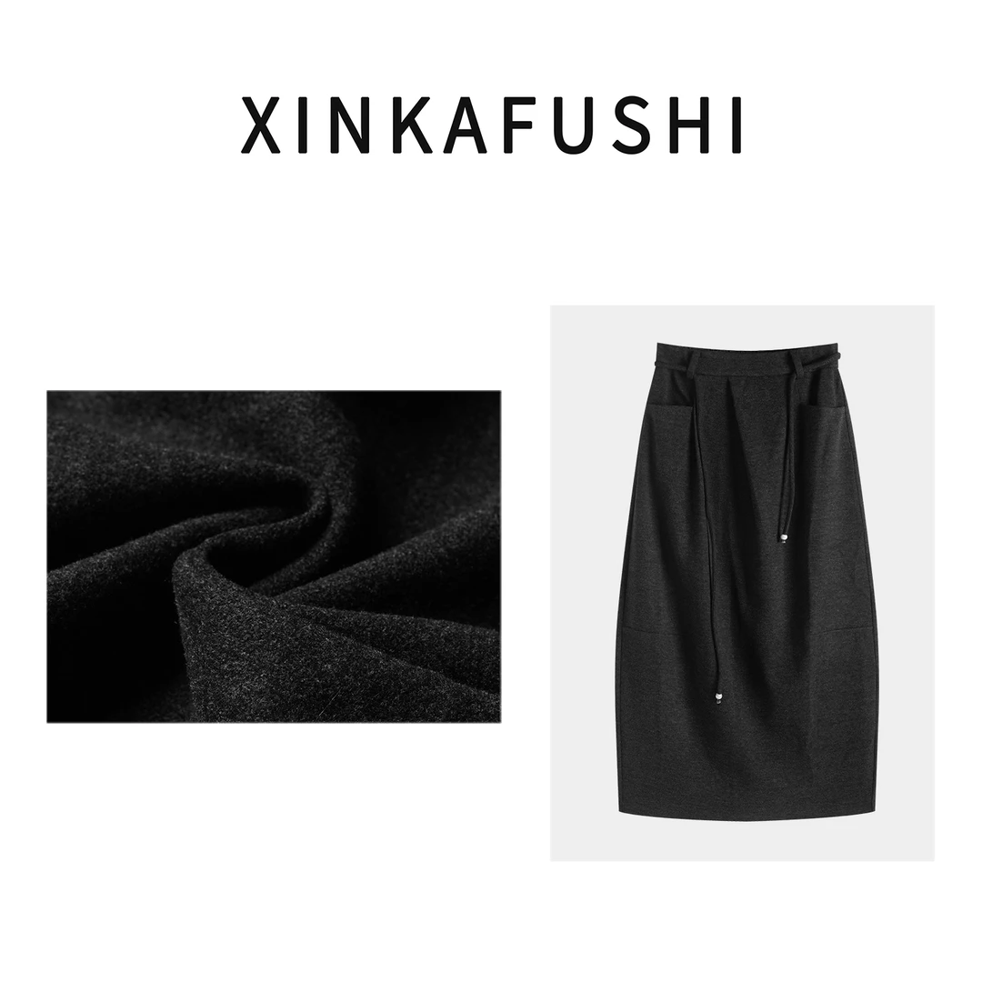 【绮梦芳华】真丝羊毛醋酸混纺后开叉抽绳松紧腰花苞半身裙YN3779