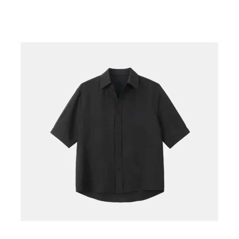 宽松夏季翻领短袖法式免烫男衬衫纯色尖领宽松型对襟SC2511