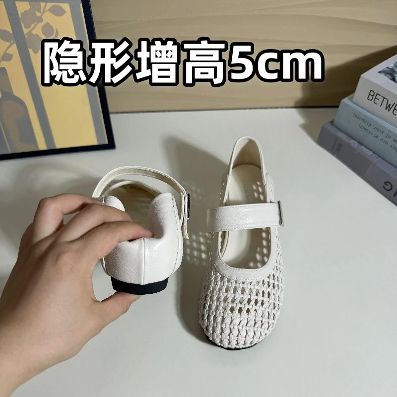 内增高5cm网格编织镂空凉鞋女2025春夏小个子一字扣玛丽珍鞋夏季