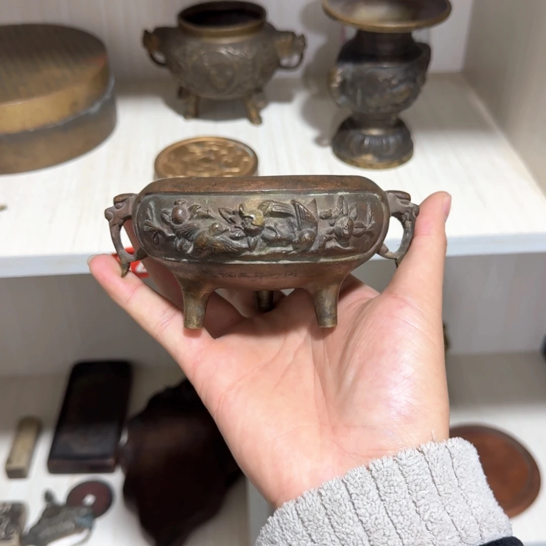 勇***前昌化石印石文房摆件 铜雕香炉
