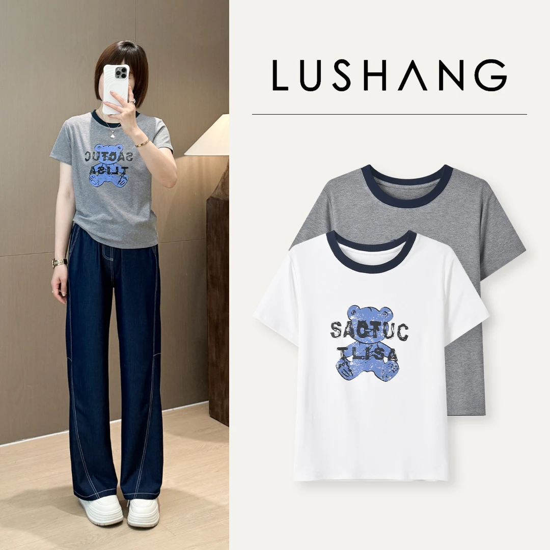 【小熊T】领口撞色，卡通印花！露赏2025新款休闲短袖打底衫T恤