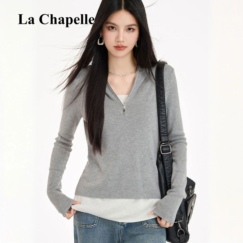 拉夏贝尔灰色连帽长袖假两件针织T恤衫女2025秋季款时尚修身上衣