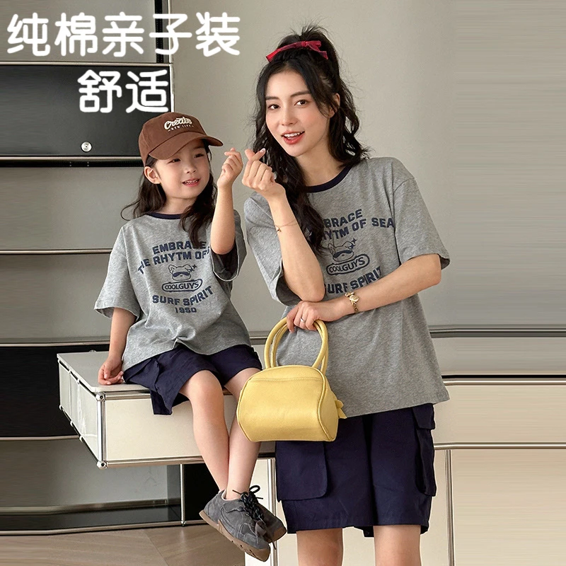 灰色贴布短袖T恤亲子装2025新款夏季圆领纯棉母子母女装卡通半袖
