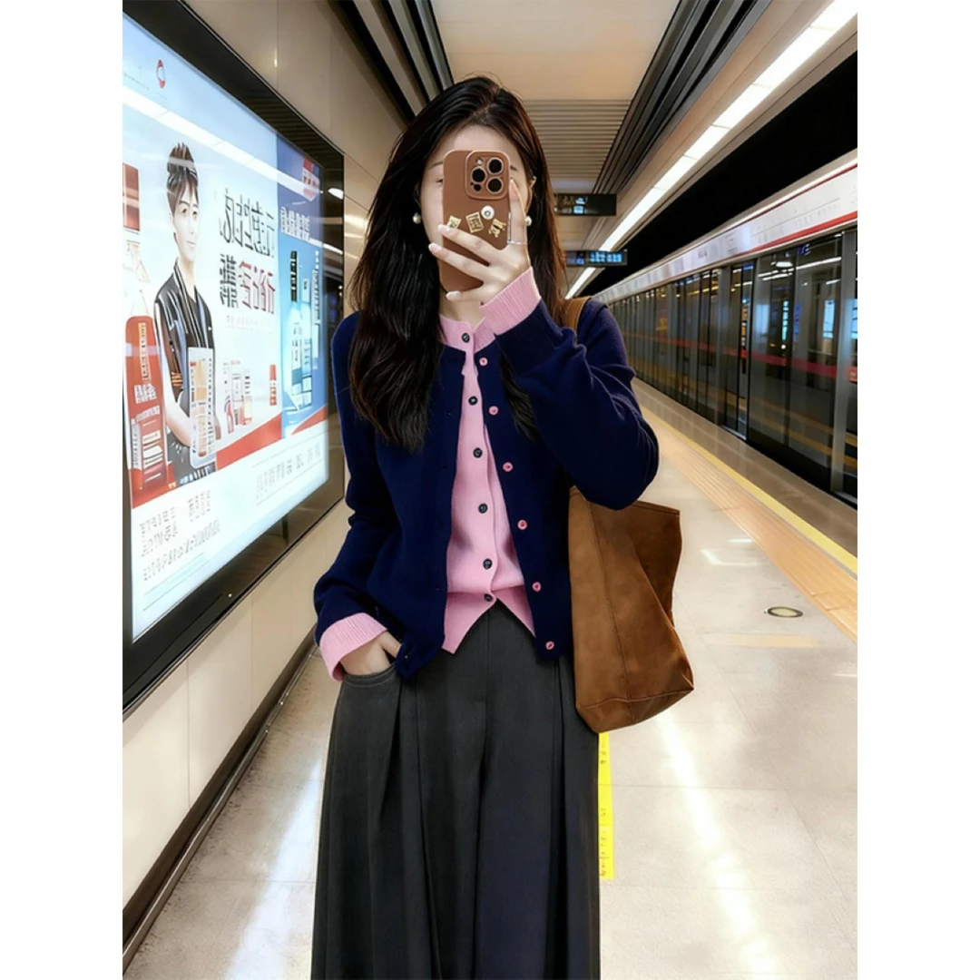 多巴胺设计感独特漂亮撞色针织衫秋季新款假两件撞色小众开衫上衣