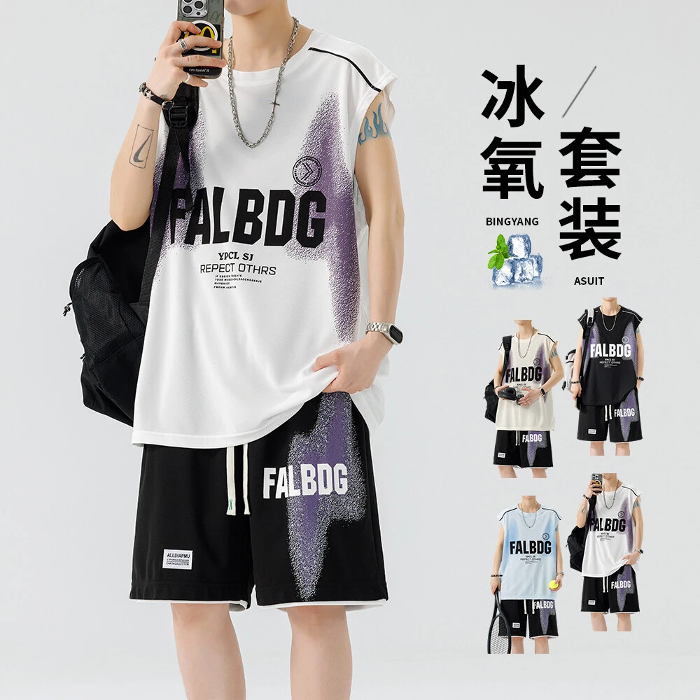 男大学生夏季套装韩版ins青少年休闲运动套装无袖T恤宽松短裤套装