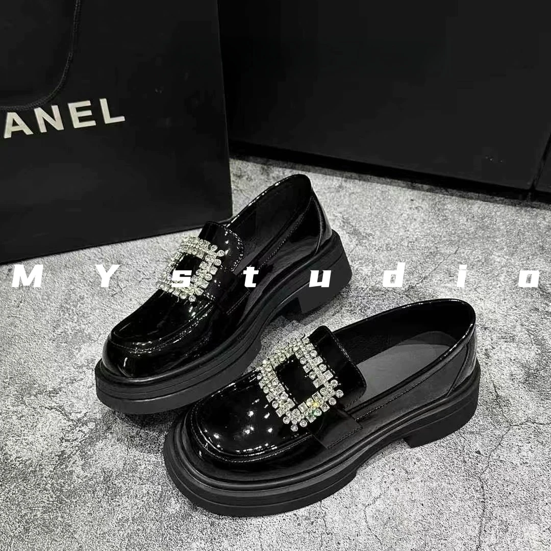 MYStudio｜海德公主~春季新款厚底粗跟水钻方扣百搭英伦风乐福鞋