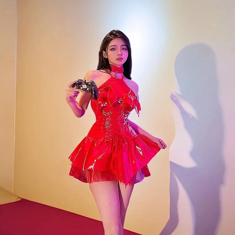 小恶魔漆皮连衣裙超短火辣黑色红色显瘦修身