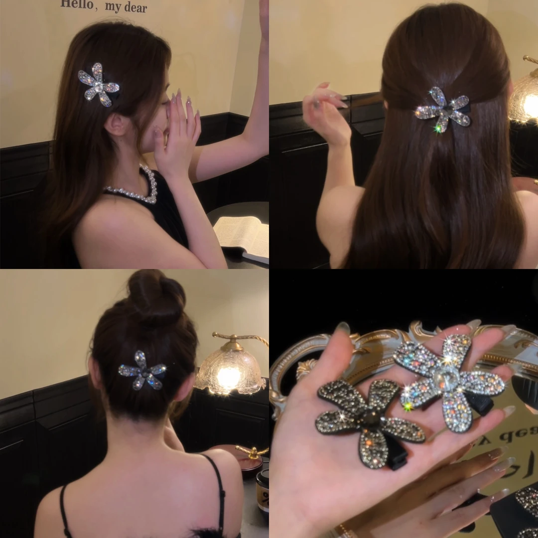 法式闪钻花朵鸭嘴夹女日韩边夹千金风发夹气质头饰满钻韩系