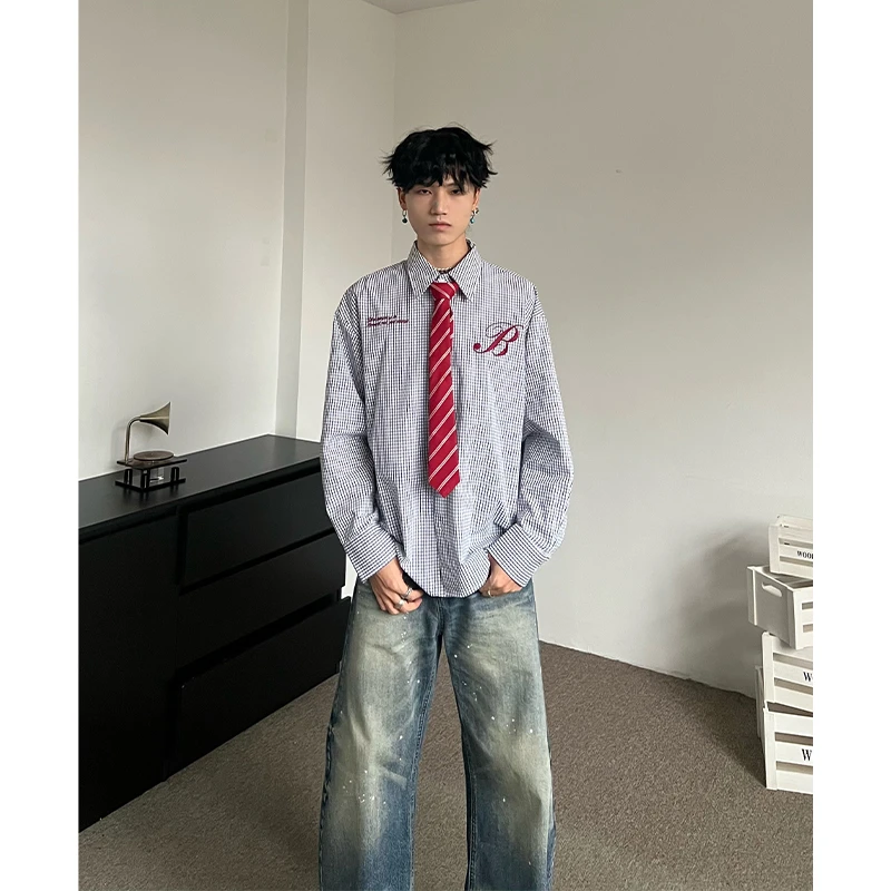 XENON 【黑白格】美式街头字母刺绣格子衬衫男女秋季潮牌宽松长袖