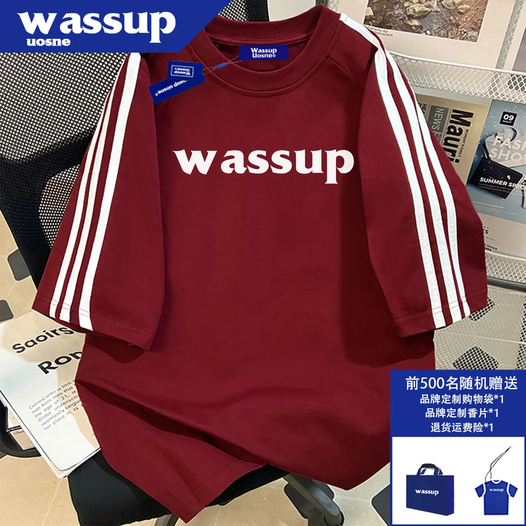 WASSUP UOSNE美式潮牌重磅短袖T恤男夏季高街百搭帅气插肩体恤衫