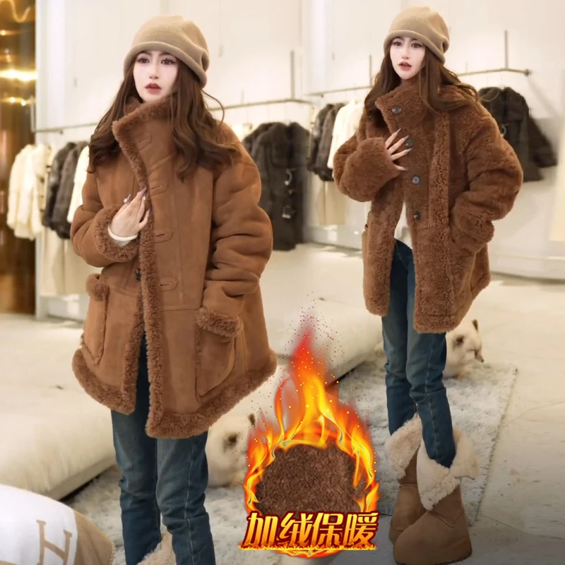 韩系复古正反两面穿短外套女2025年冬季新款加绒加厚羊羔高领大衣