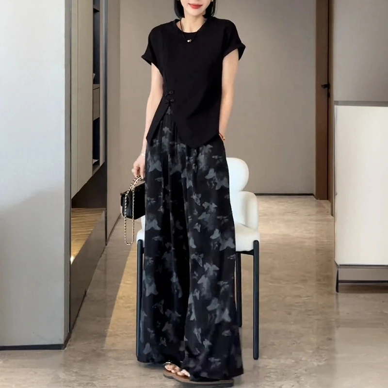 夏装搭配一整套新款国风盘扣设计感开叉短袖上衣女显瘦印花阔腿裤