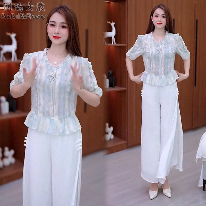 时尚显瘦套装女2025夏季新款收腰显瘦短袖雪纺衫阔腿裤裙两件套潮