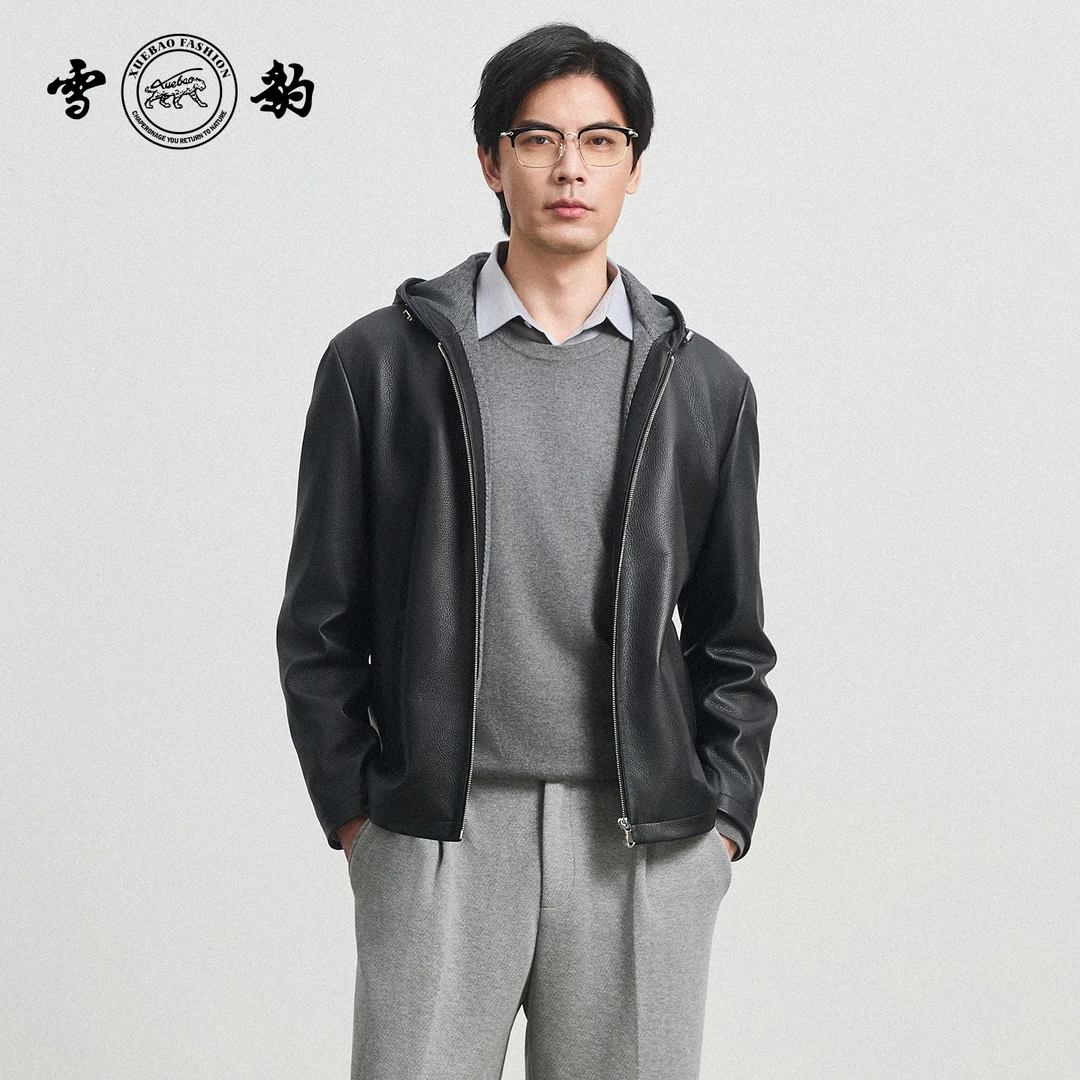【雪豹】85237连帽夹克男款时尚休闲真皮短款简约经典春秋