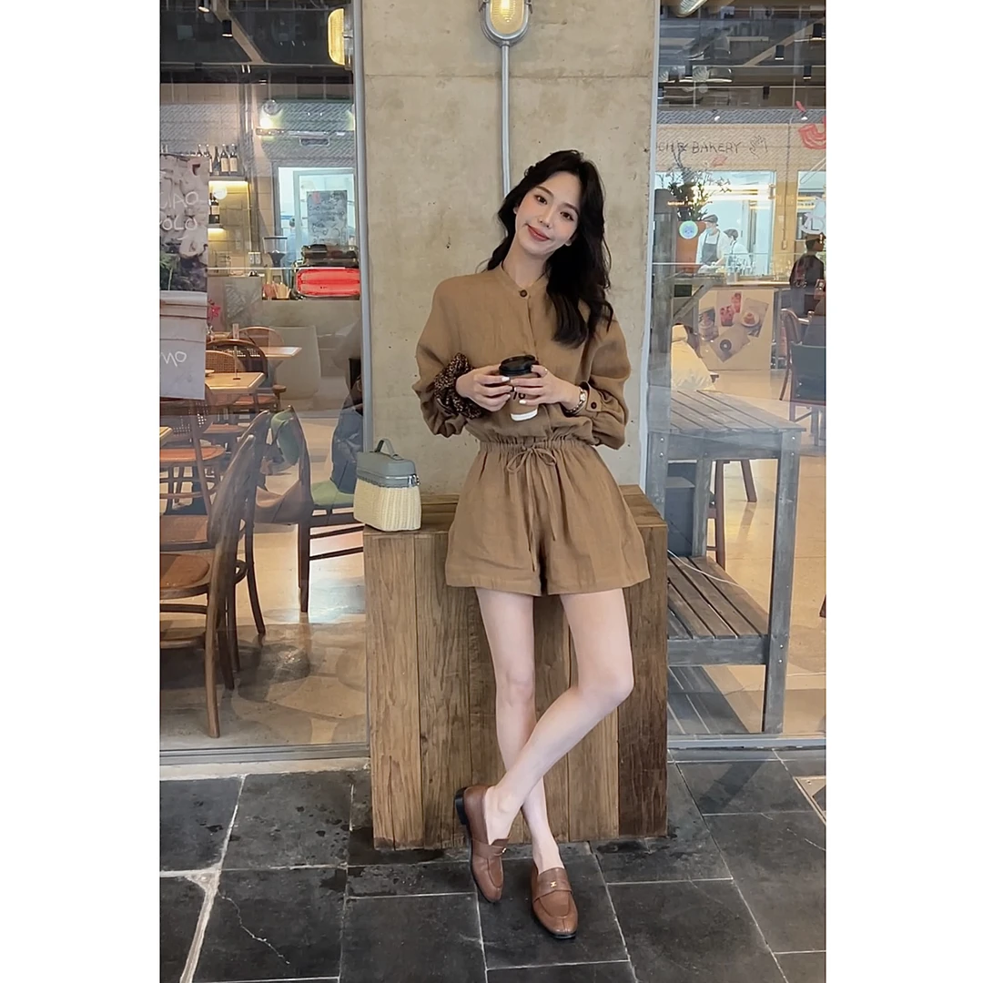 FAR ZOOM 25年春装收腰纯亚麻单色连体裤