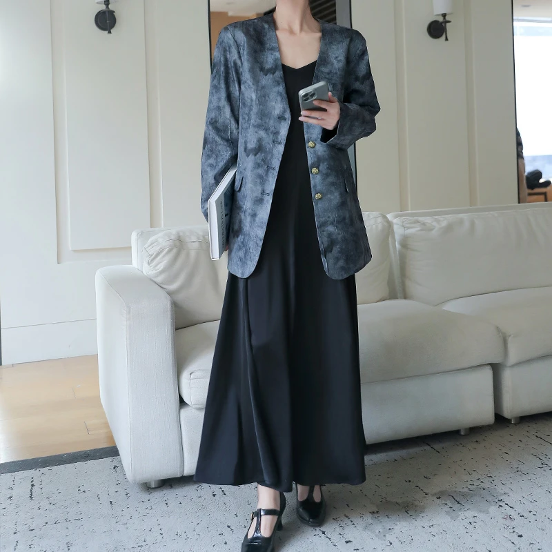 胖妹mm新中式无领西装外套女春秋大码设计感小众宽松休闲西服上衣