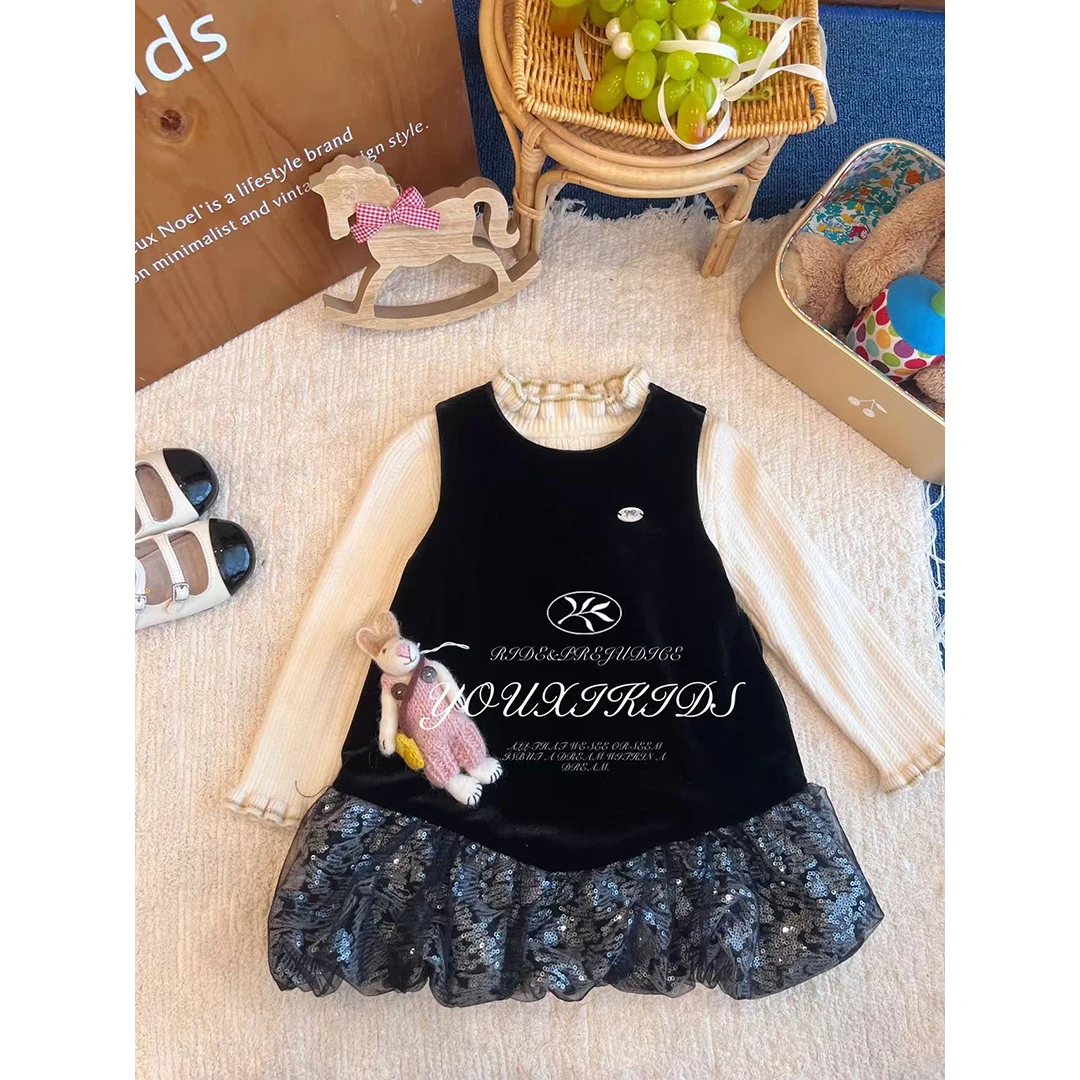 现飞飞家·星夜25秋冬亮晶晶丝绒高级感黑色洋气软纱背心裙FF2971