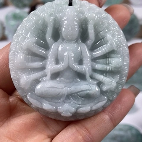 翡翠颈饰未镶嵌山水千手观音两面工福利有棉线福利