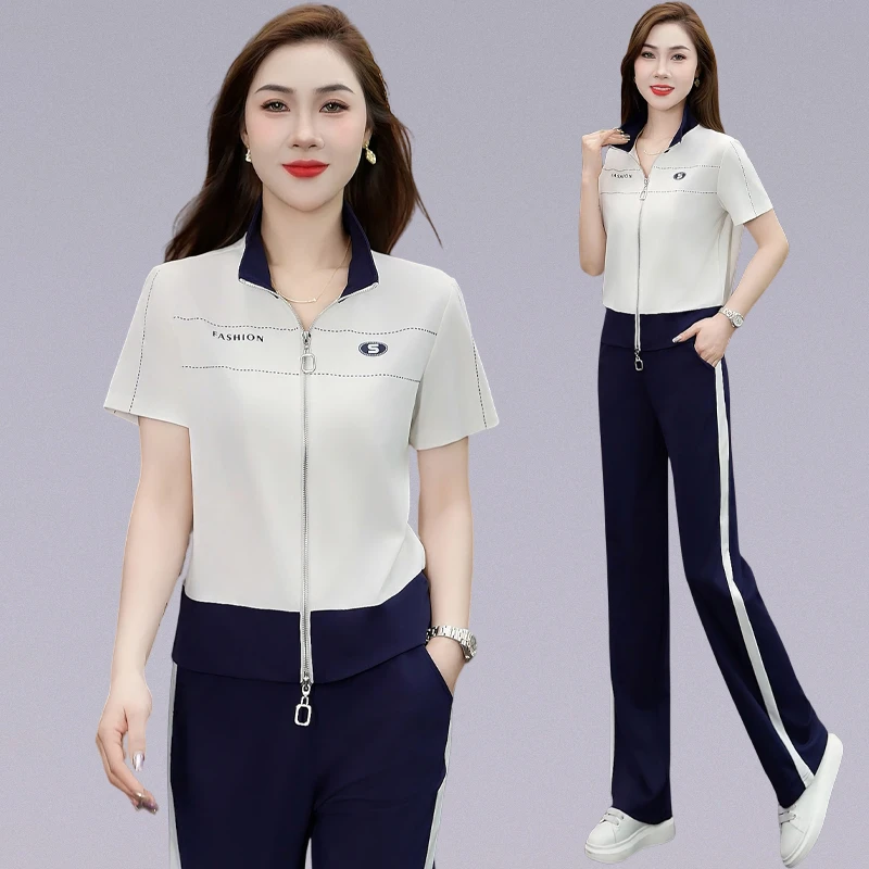 夏季薄款运动服套装女短袖冰丝时尚气质减龄松弛感出游休闲两件套