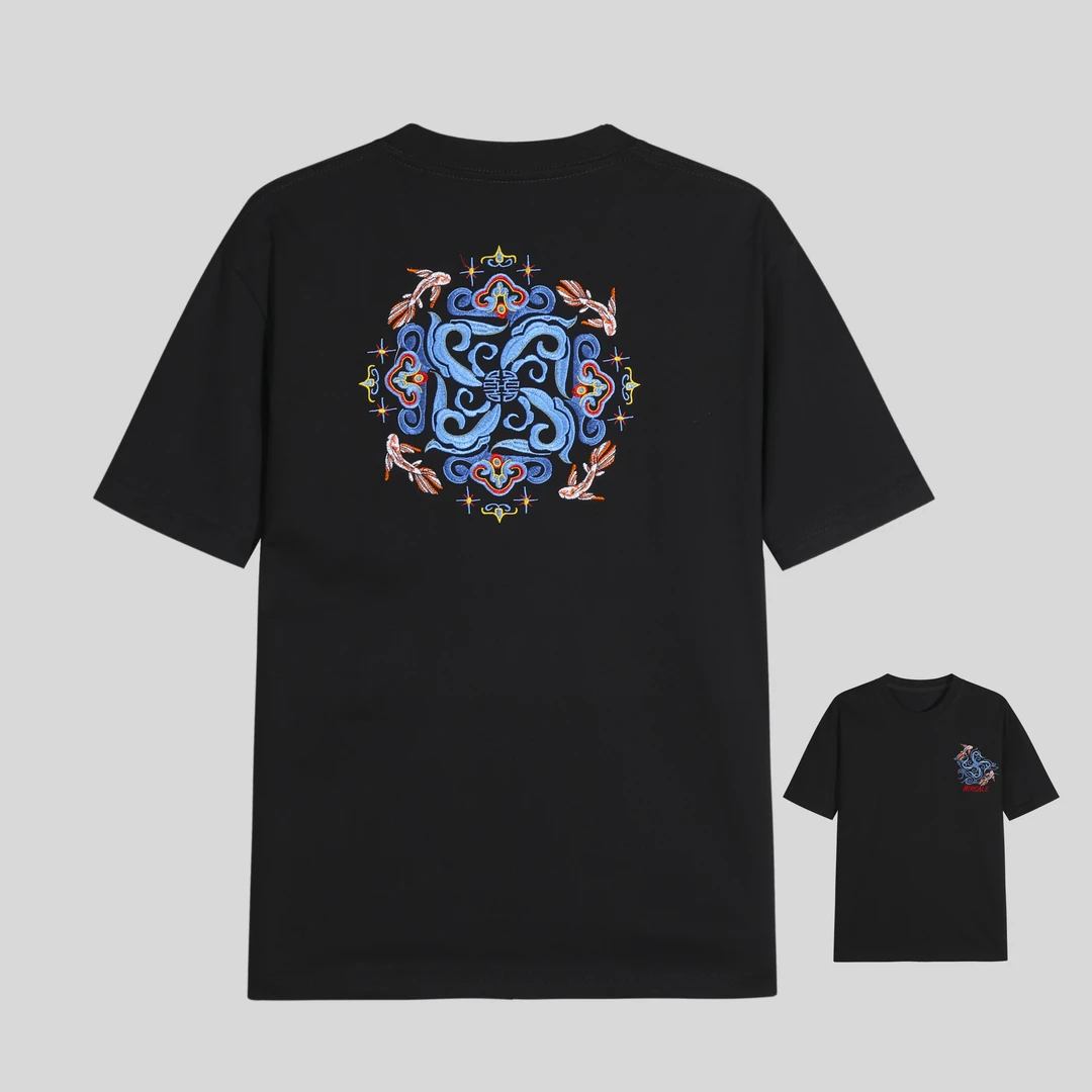 【花】夏季国风经典短袖飞鱼刺绣百搭T恤 y331