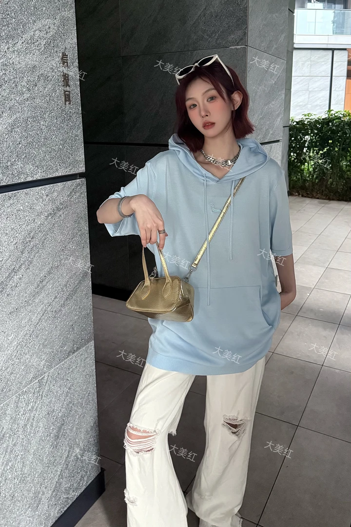 【2025新款】夏季新款时尚套头连帽针织短袖休闲慵懒风设计