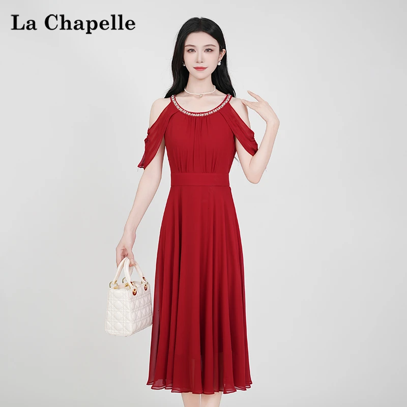 【拉夏贝尔】夏季法式设计感显瘦松紧腰短袖裙子女收腰连衣裙