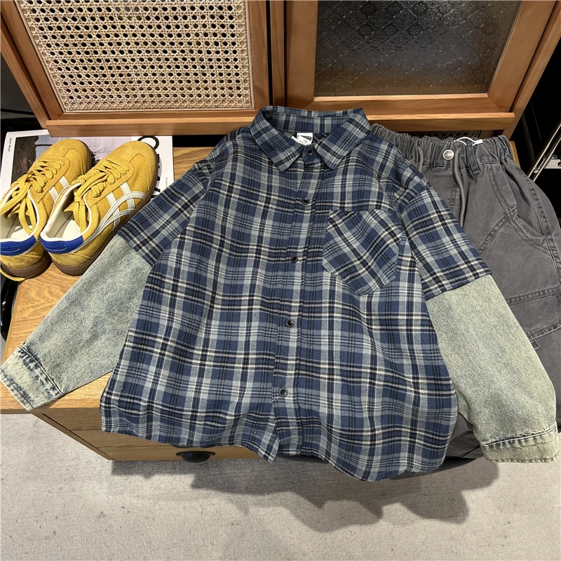 xt002男童短袖格纹衬衣同学痞帅男孩春秋装新款衬衣韩版版型大童