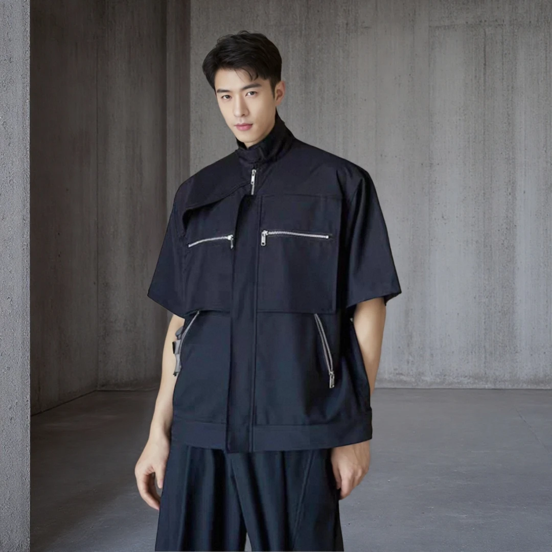 潮牌暗黑工装风多拉链短袖衬衣ins风潮酷休闲高街短款衬衫