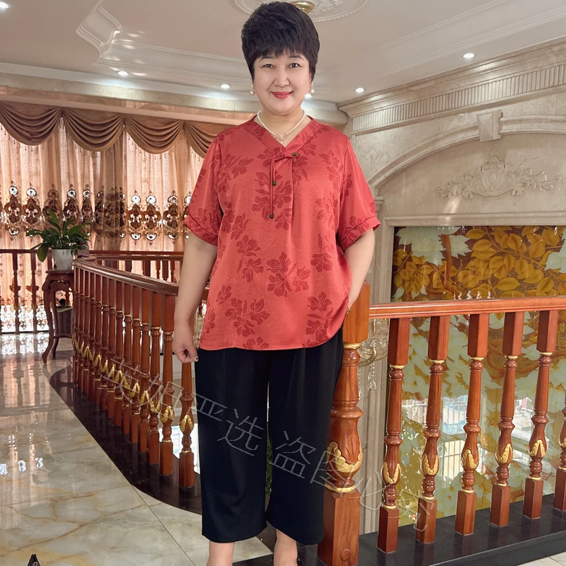 英姐大码妈妈装夏季新款套装中老年女装加肥加大穿到240斤两件套