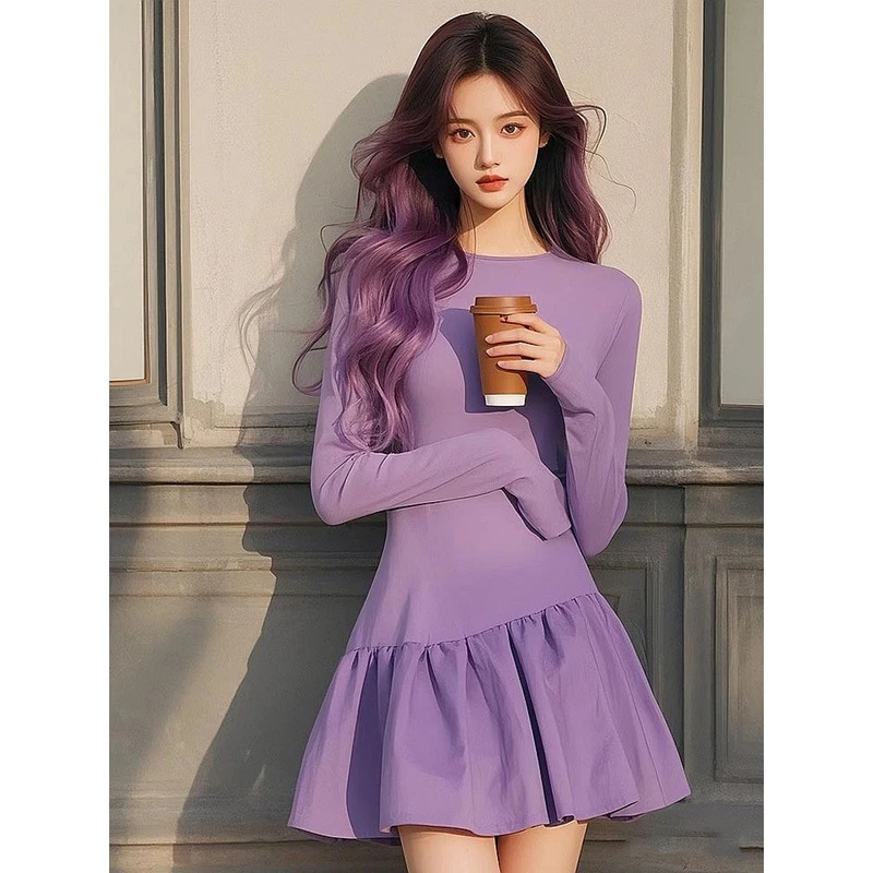专柜撤柜2025春季新款高级感气质名媛收腰超好看紫色拼接连衣裙女