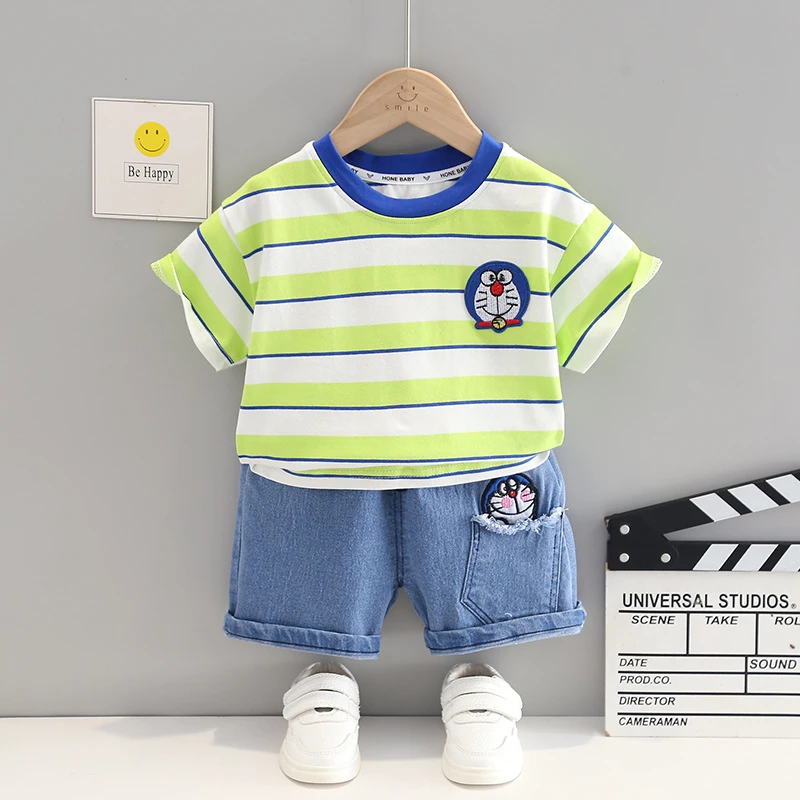 儿童夏季短袖套装2025新款宝宝夏季衣服男宝宝条纹蓝猫短袖两件套
