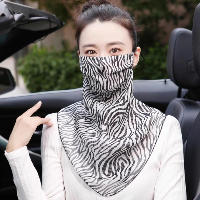 防晒面纱印花女士骑行挂耳面罩遮阳透气围脖护颈薄款遮脸面罩纱巾