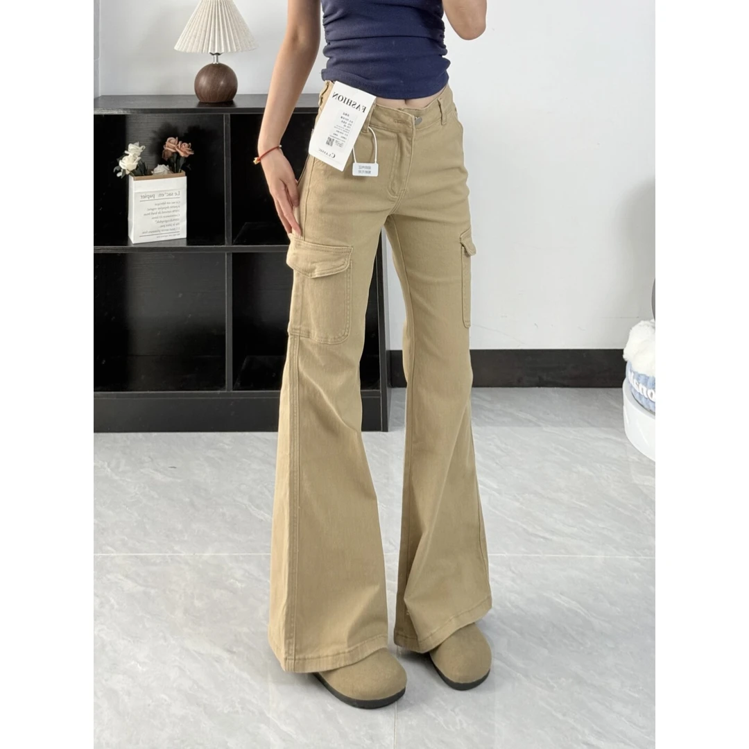 卡其色低腰微喇工装牛仔裤女2025早秋新款美式百搭不贴腿喇叭裤子
