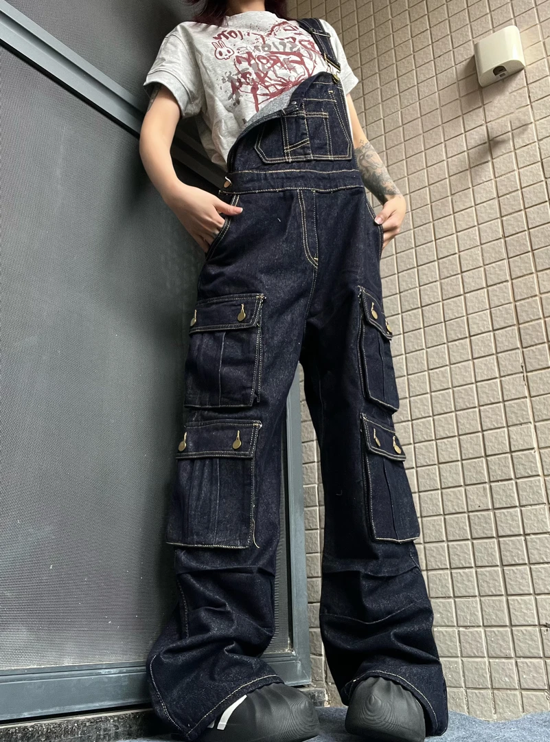 15GET 美式复古重磅慵懒多口袋背带裤直筒阔腿宽松连体牛仔裤男女