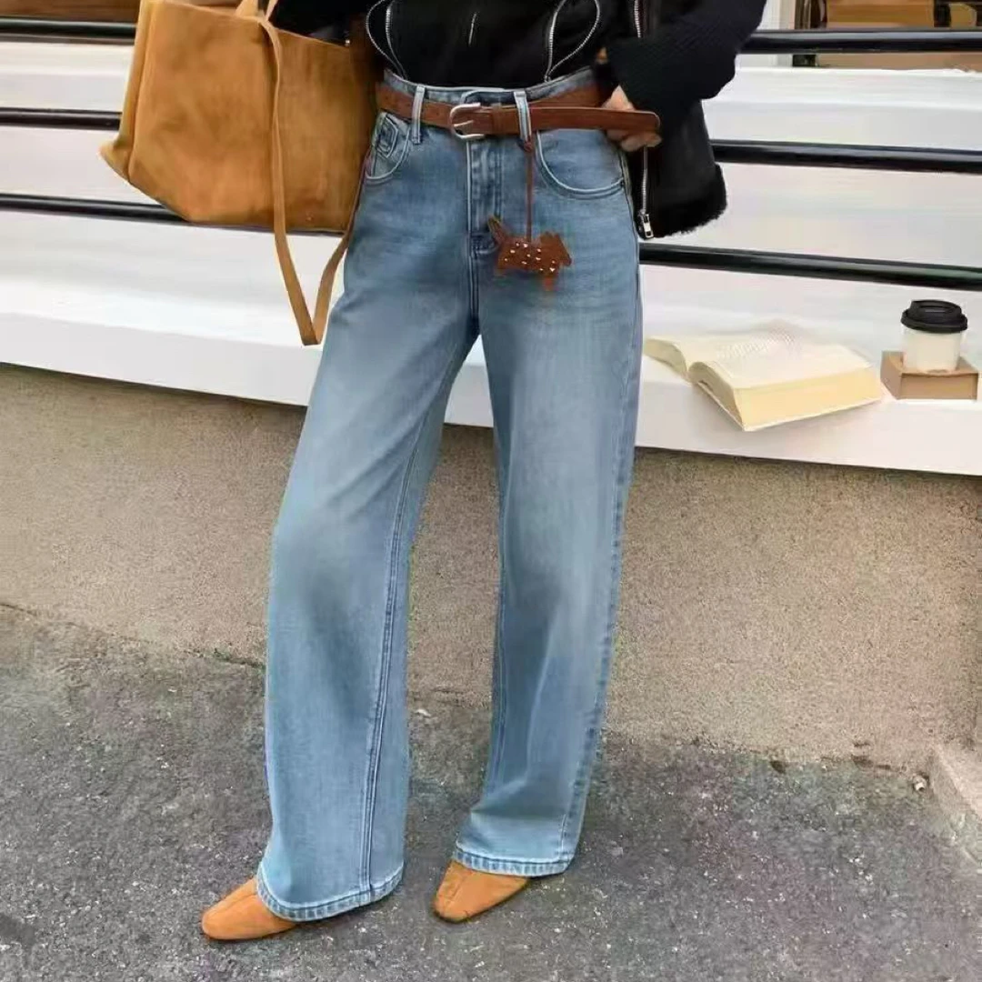 冬季加绒高腰显瘦直筒口袋刺绣牛仔裤296