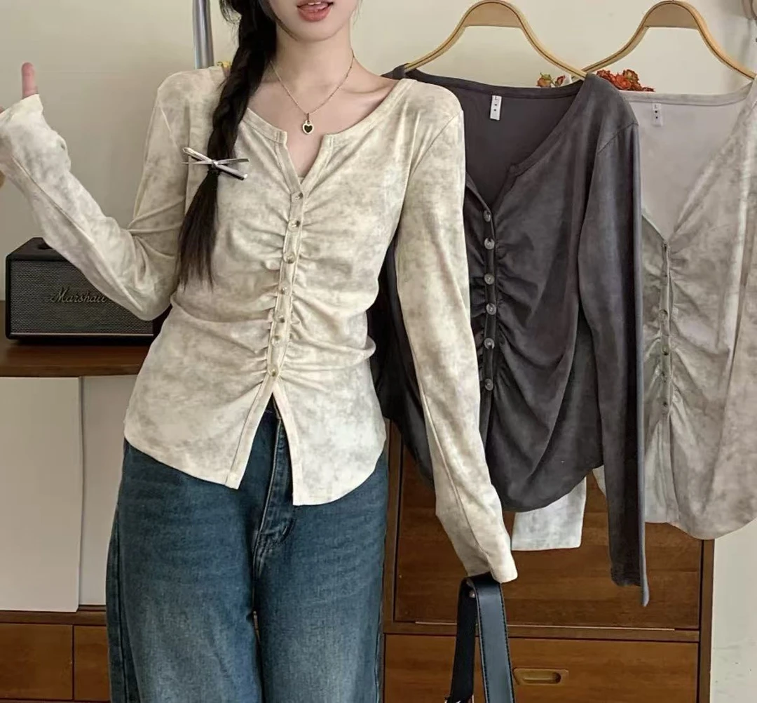 扎染印花高级感褶皱V领显瘦上衣