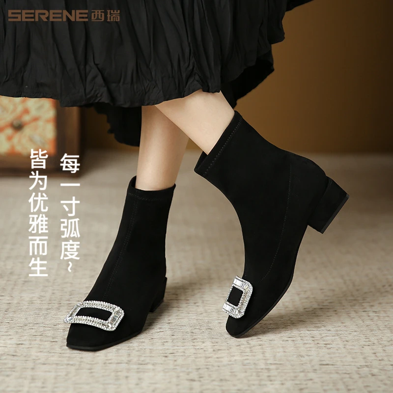 西瑞复古黑色马丁靴秋冬明星同款鞋女款粗跟短靴2025阔腿裤必备鞋