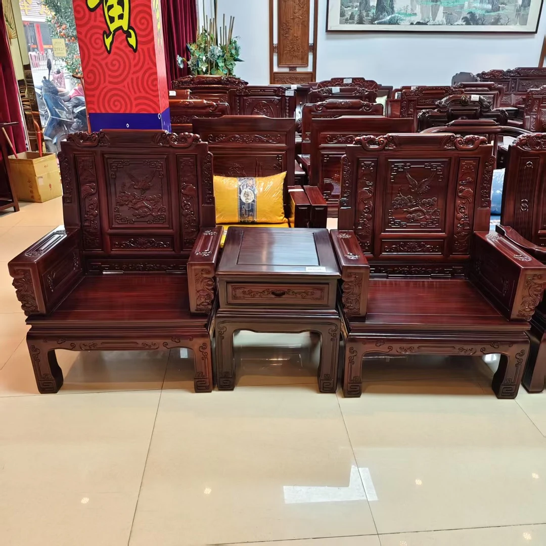 酸枝木 松树仙鹤三件套沙发占地总尺寸:长2.2m*宽70