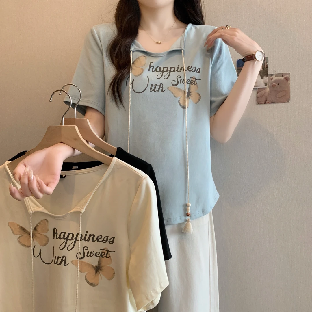 2025夏装新款胖mm大码女装蝴蝶结印花V领短袖T恤修身小个子上衣女
