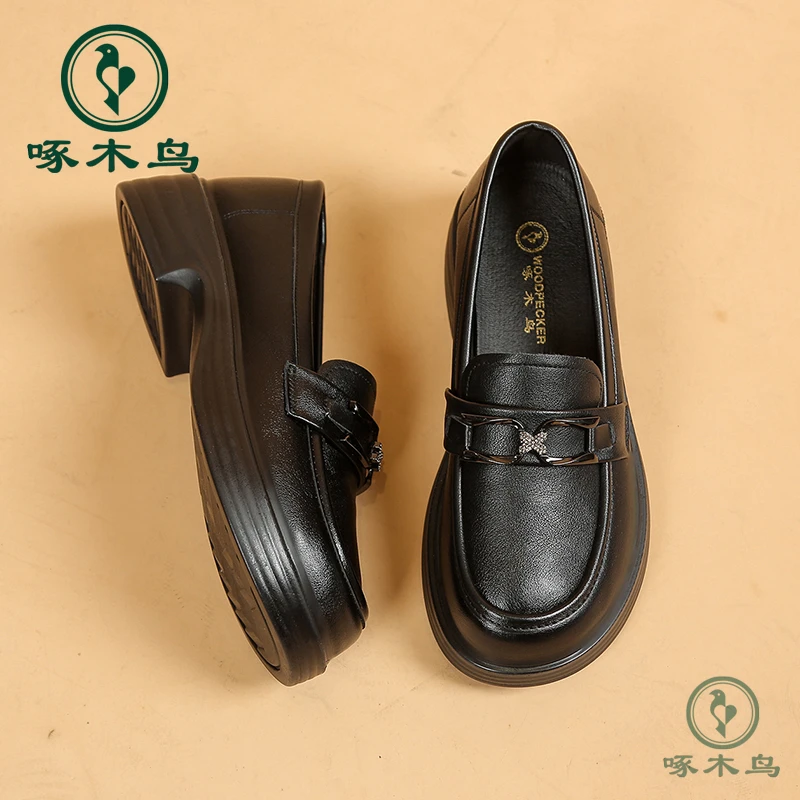 啄木鸟乐福鞋女鞋春季休闲百搭黑色软底复古厚底时尚圆头A88吴一