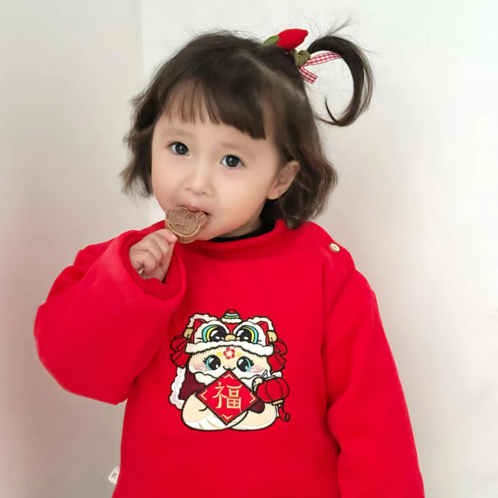 2024新款宝宝冬季刺绣棉袄卫衣加棉加厚男童女童保暖套头上衣外穿