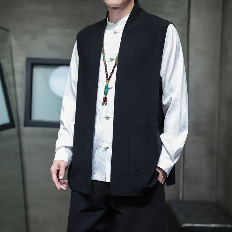 中国风对襟无袖开衫男士唐装马甲外套秋季新中式棉麻坎肩马褂上衣